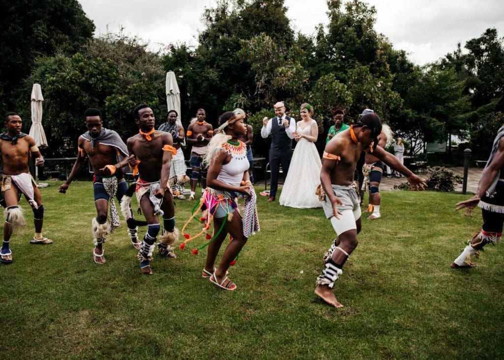 Zulu dancers performing at South African wedding in DRakensberg