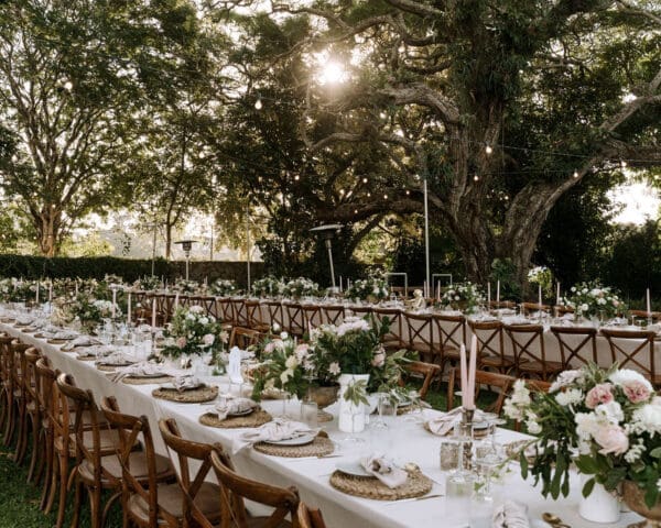 Long white tables with wooden crossback chairs set up for wedding beneath the trees