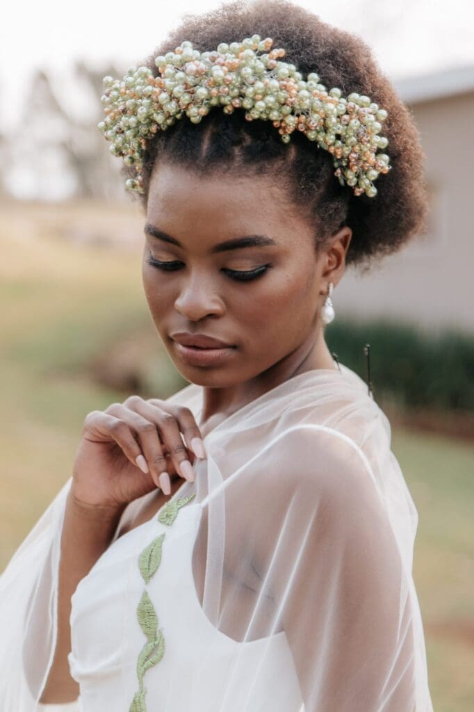 Bride with natural afro and beaded hair crown