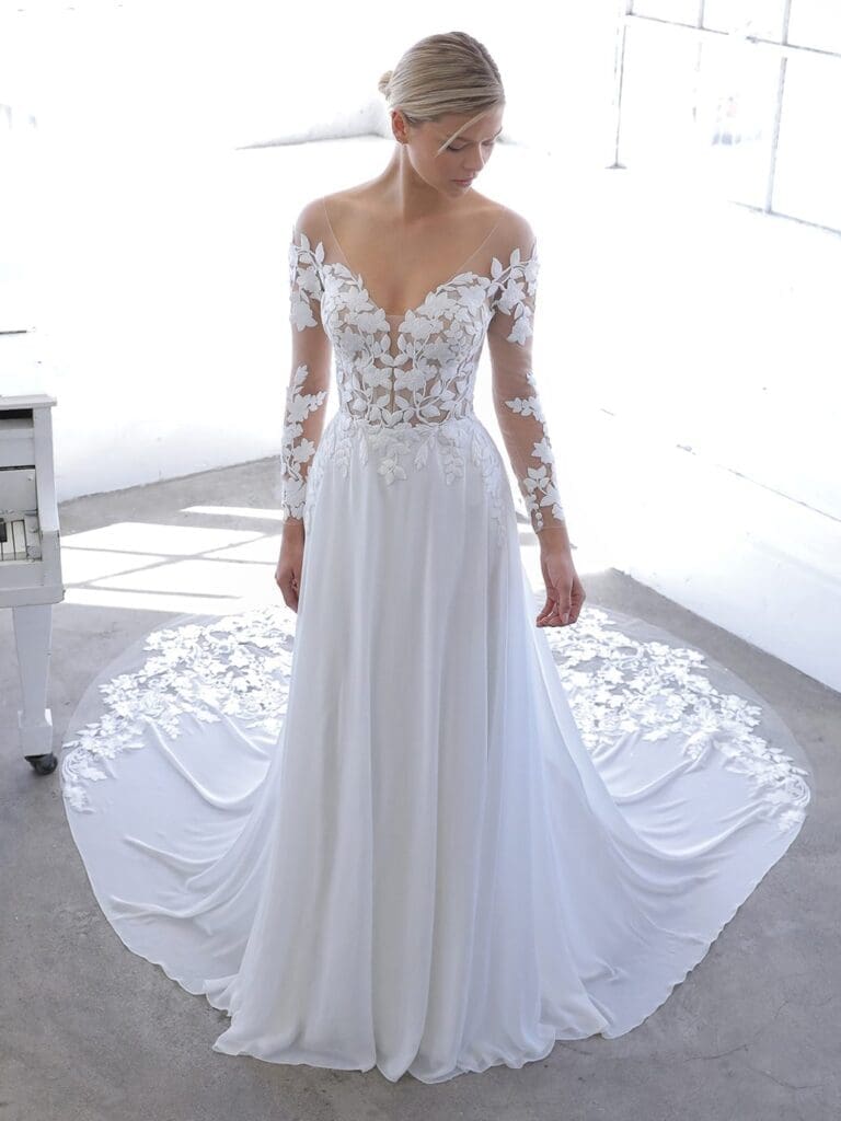 Woman wearing off the shoulder wedding dress