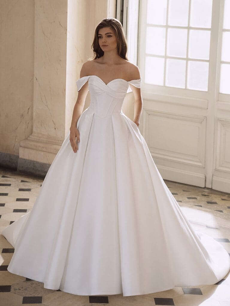 Off the shoulder ballgown wedding dress with pockets
