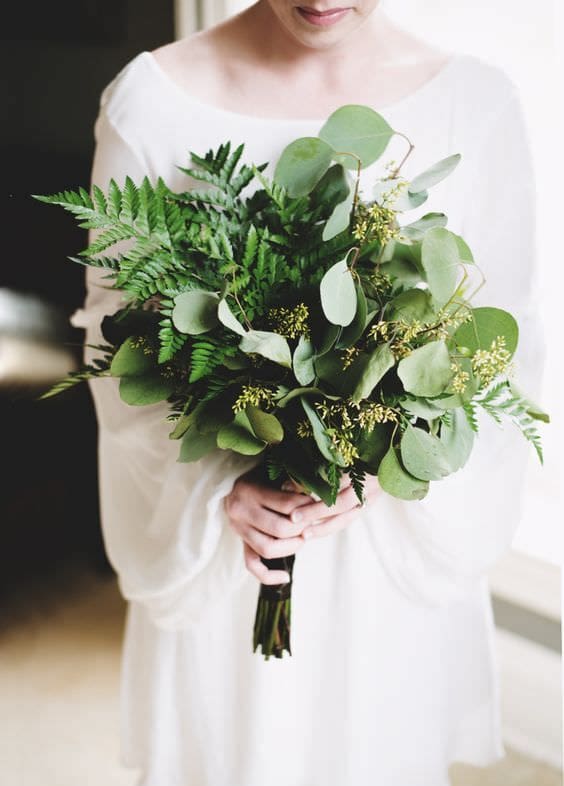 Sustainable green foliage wedding bouquet featured on Dirty Boots Messy Hair