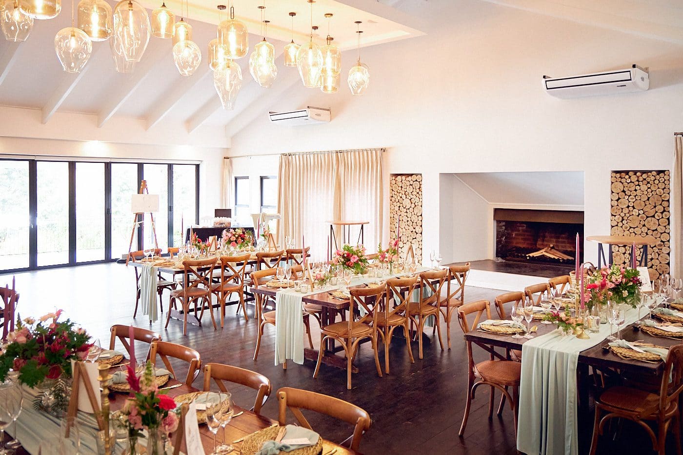 Contemporary wedding venue with modern glass chandeliers