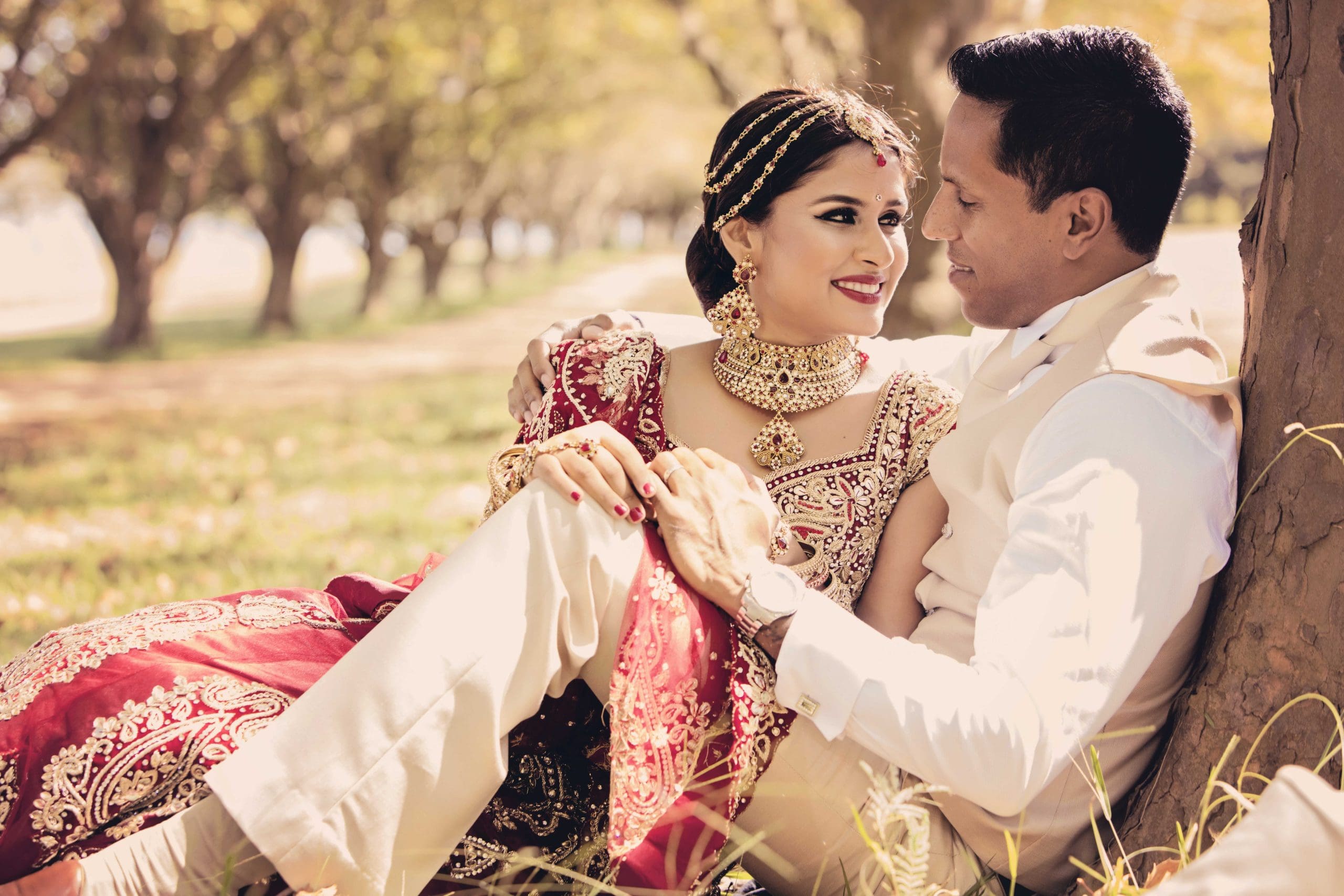 Bridal couple sitting and chatting