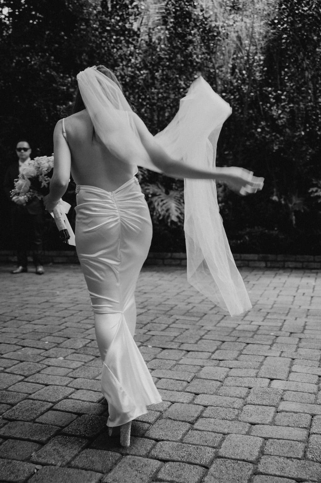 Blurry photo of bride walking away