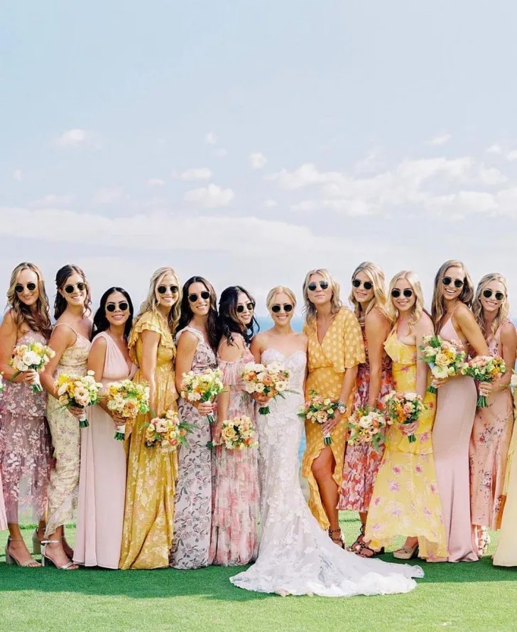 Brightly coloured bridesmaid dresses in different styles