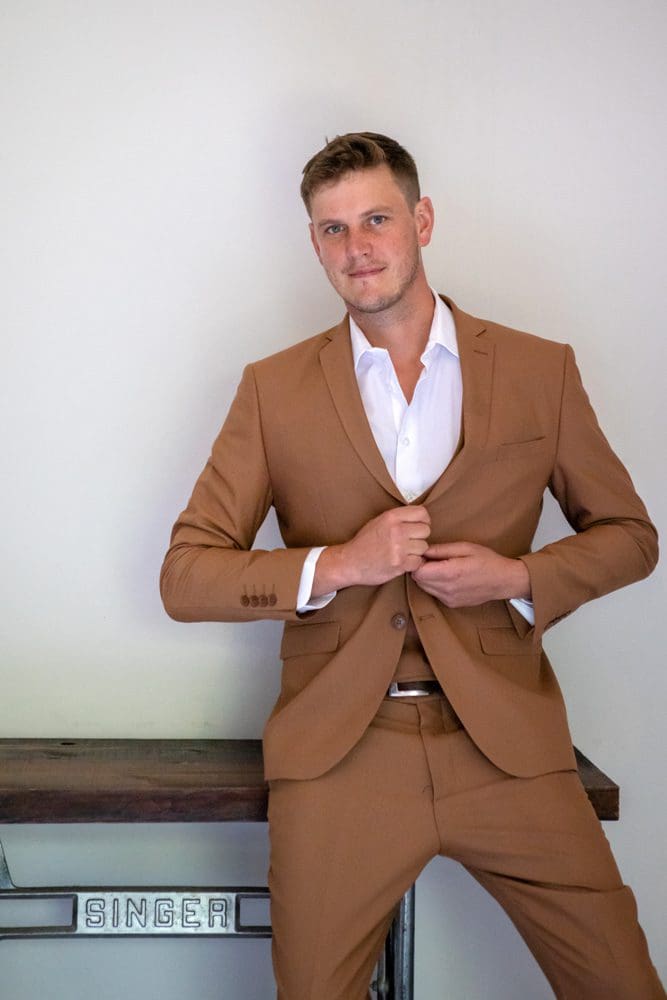 Brown 3 piece suit for groom