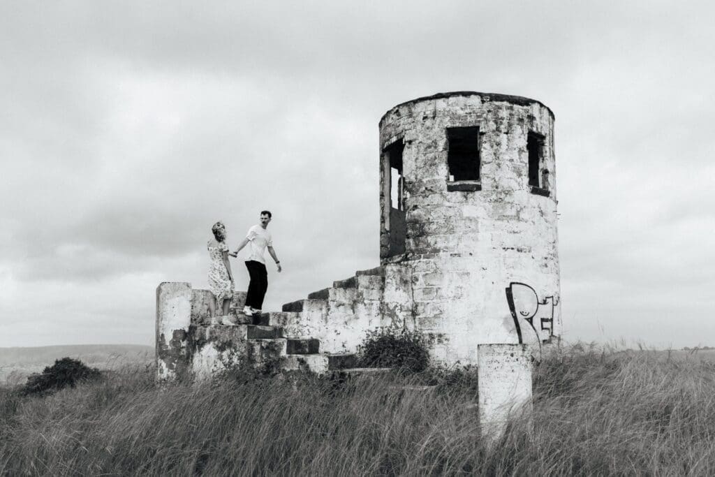 Moodyblack and white shot of couple at old Clifton Fire Tower