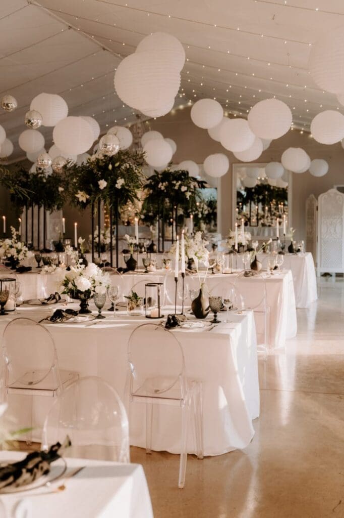 Elegant black and white wedding reception decor