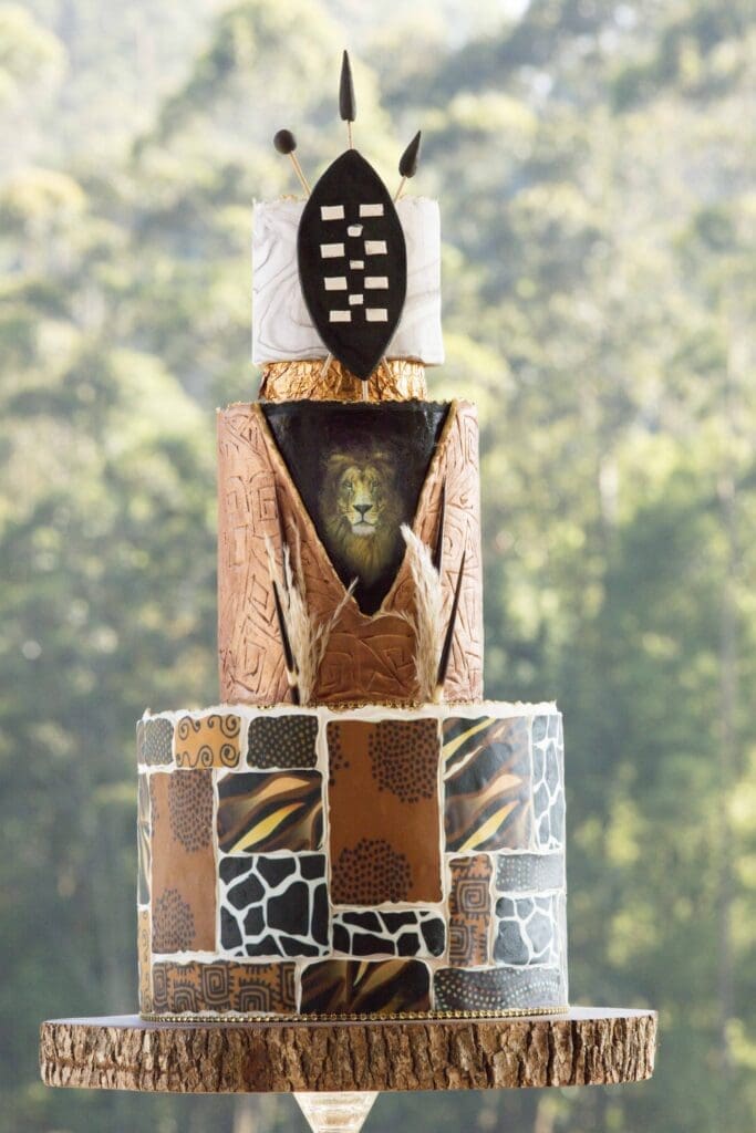 African themed three tired wedding cake