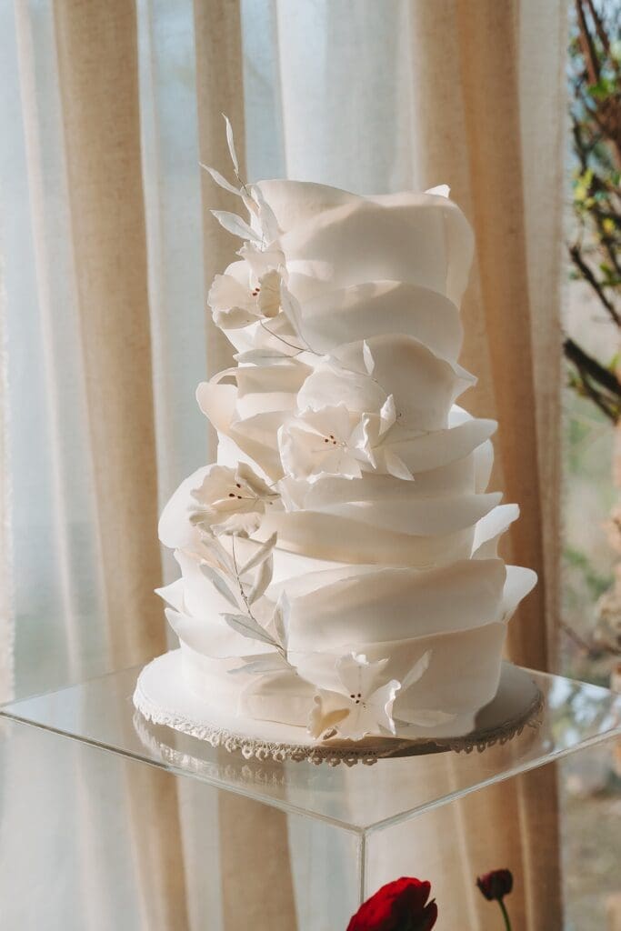 White wedding cake from styled shoot with Occasional Cakes