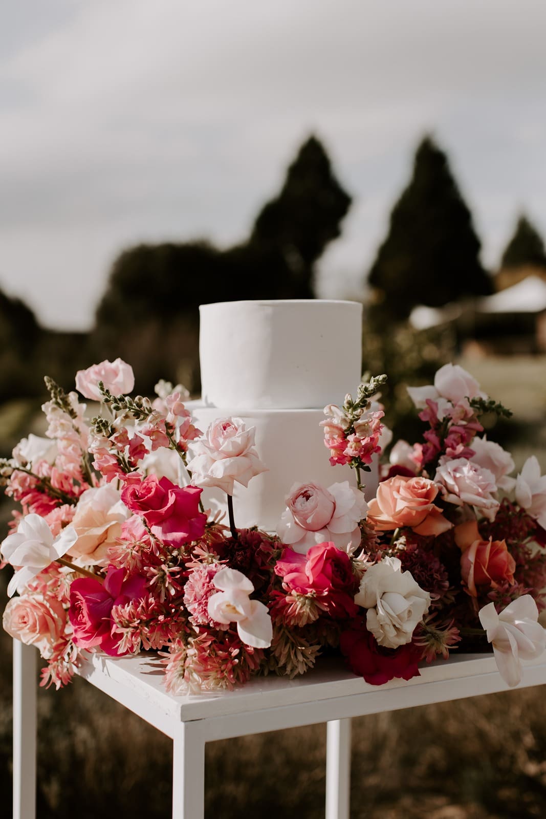 Plain white two tiered wedding cake with bright pink flowers surrounding
