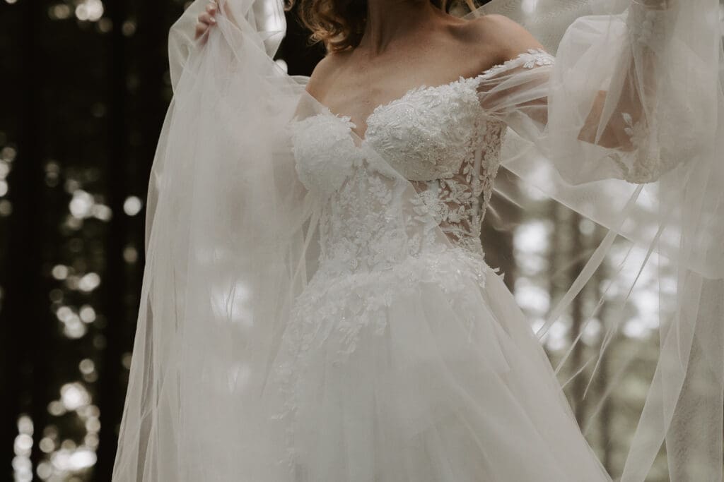 Landscape image showing top half of bridal gown with exquisite details